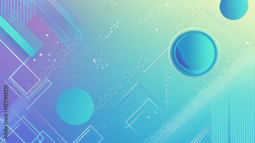 Blue and green gradient background with flat geometric shapes, diagonal lines, and translucent low-poly elements