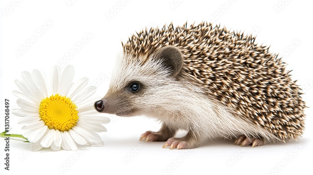 Obraz premium Adorable Baby Hedgehog Sniffing White Daisy Flower on White Background
