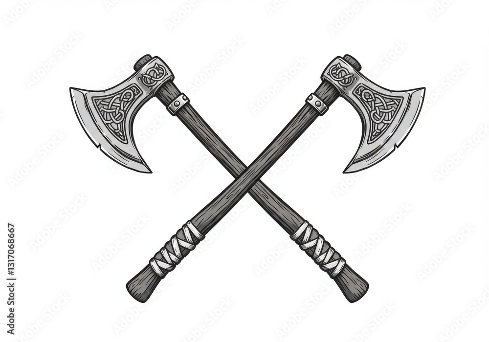 Medieval battle axes, crossed weapons, black and white illustration, sharp blades, ornate axe heads, long wooden handles, symmetrical composition, heraldic style Medieval battle axes, crossed weapons, black and white illustration, sharp blades, ornate axe heads, long wooden handles, symmetrical composition, heraldic style