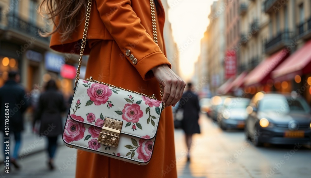 Obraz premium Stylish Floral Shoulder Bag in Urban European Setting