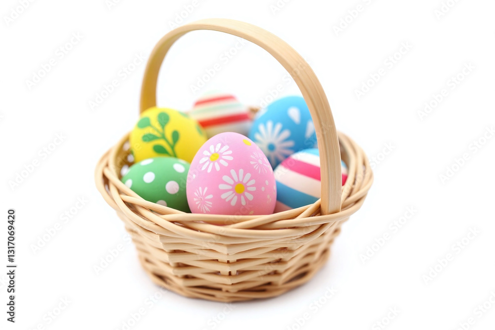 basket filled with lots of colorful painted eggs basket filled with lots of colorful painted eggs