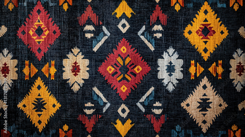 Detailed Textile Design. Detailed textile pattern featuring traditional motifs in vibrant red, yellow and white against a dark textured background, creating a visually rich tapestry. Detailed Textile Design. Detailed textile pattern featuring traditional motifs in vibrant red, yellow and white against a dark textured background, creating a visually rich tapestry.