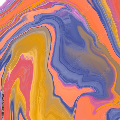  The flowing, wave-like forms create a sense of fluidity and motion, akin to a marbled or liquid texture.  Abstract artwork featuring a swirling pattern of vibrant colors