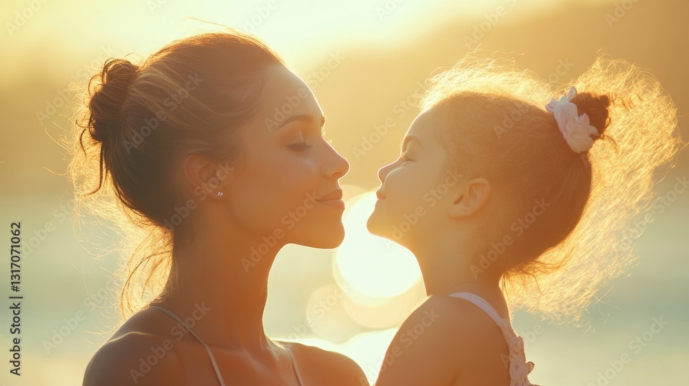 Fototapeta premium Mother and Daughter Embrace in Warm Sun-Drenched Beach Setting