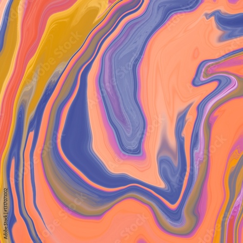 Abstract art featuring swirling patterns of vibrant colors including orange, blue, yellow, and purple. The texture appears smooth with a glossy finish, reminiscent of oil or acrylic paint.