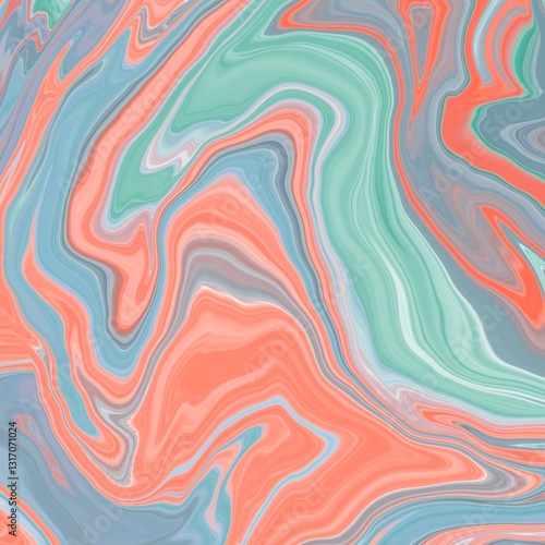Abstract swirl pattern featuring coral, teal, and gray hues. The design displays fluid, flowing shapes that merge seamlessly, reminiscent of marbled textures