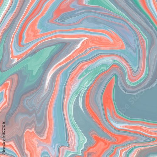 Abstract swirl pattern featuring fluid, wavy lines in shades of soft peach, muted green, light blue, and white. The design exhibits a marbled effect, creating a sense of movement and flow. 