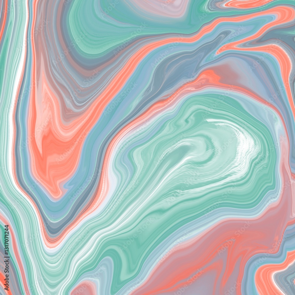 Obraz premium Abstract swirling pattern with fluid-like waves in pastel colors, including mint green, coral, and light grey