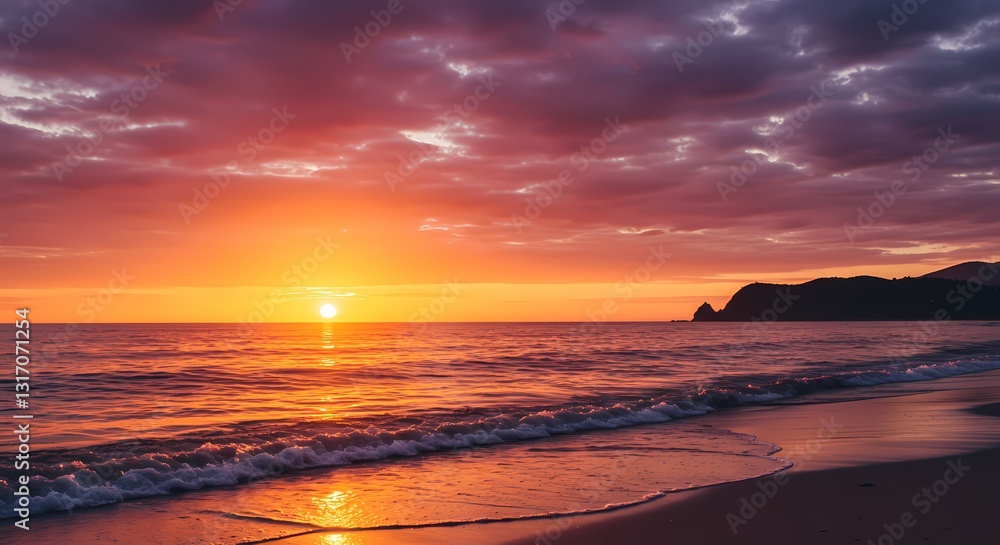 Fototapeta premium Stunning Golden Hour Sunset Over Serene Beach – Vibrant Sky, Silhouetted Palm Trees, and Calm Waves for Travel, Nature, or Summer-Themed Projects