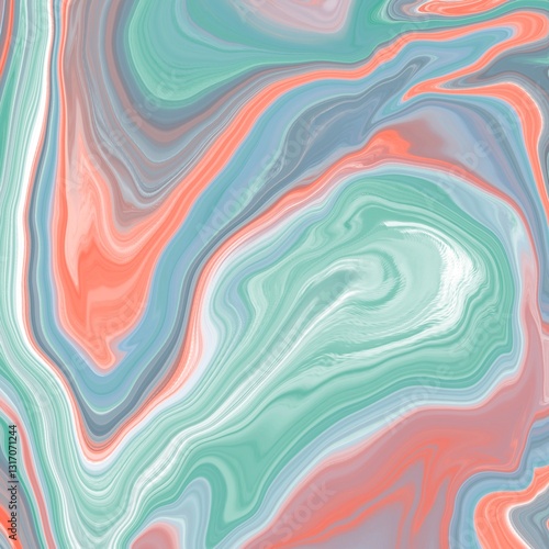 Abstract swirling pattern with fluid-like waves in pastel colors, including mint green, coral, and light grey