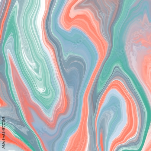 Abstract art with fluid patterns featuring swirls of coral, mint green, sky blue, and gray. The smooth, flowing lines create a marbled effect, blending the colors seamlessly