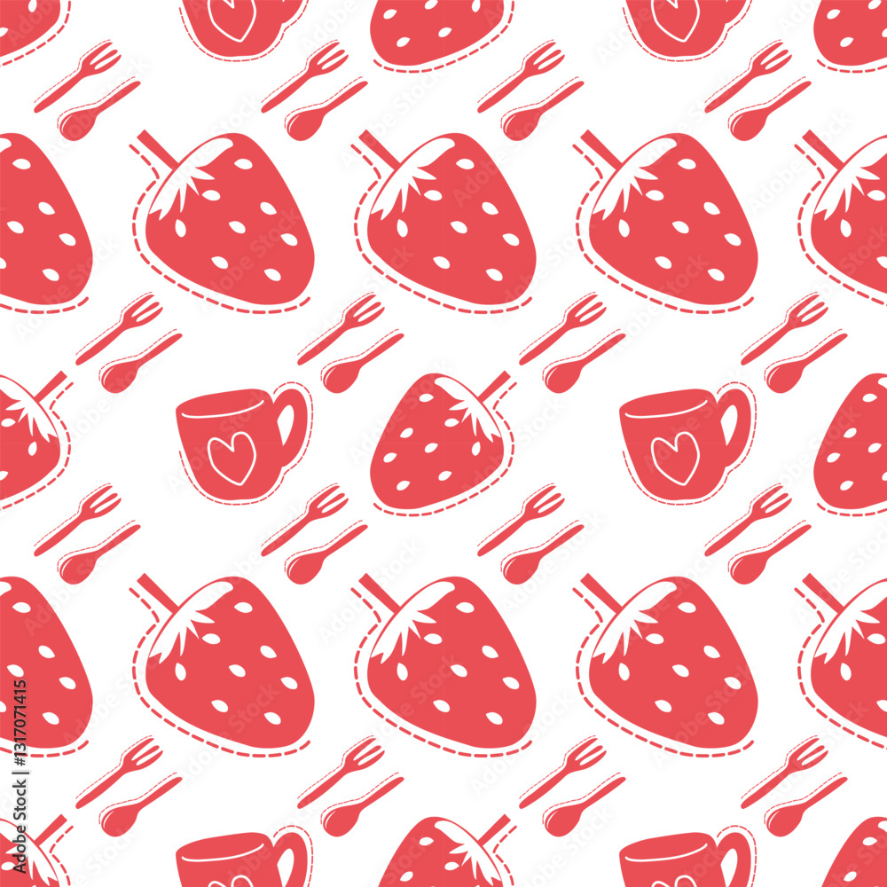 Naklejka premium Strawberry pattern background with heart shape cup, fork, spoon, lines. flat style.