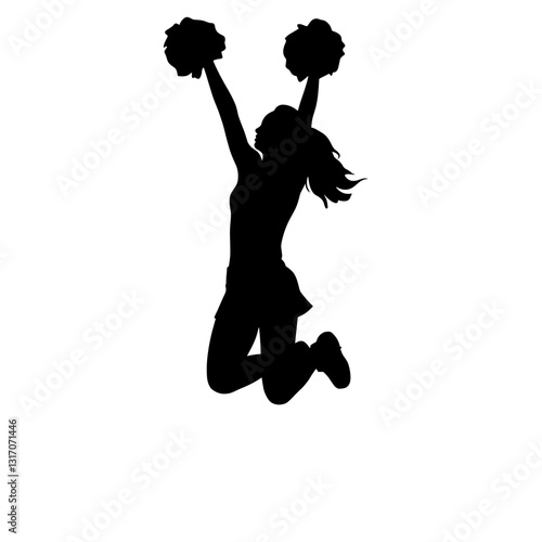 Silhouette of a cheerleader jumping joyfully with pom-poms without a background