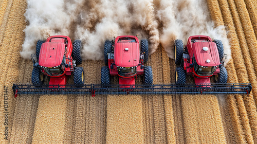 Aerial view of three red tractors harvesting wheat in field, creating dust clouds. scene captures essence of modern agriculture and farming practices