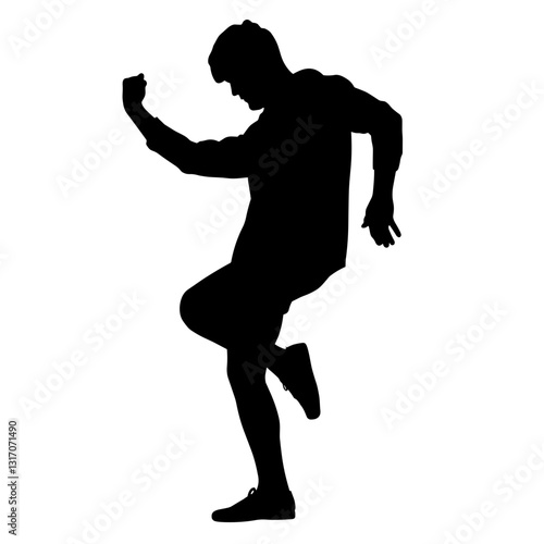 Silhouette of a man dancing energetically without a background