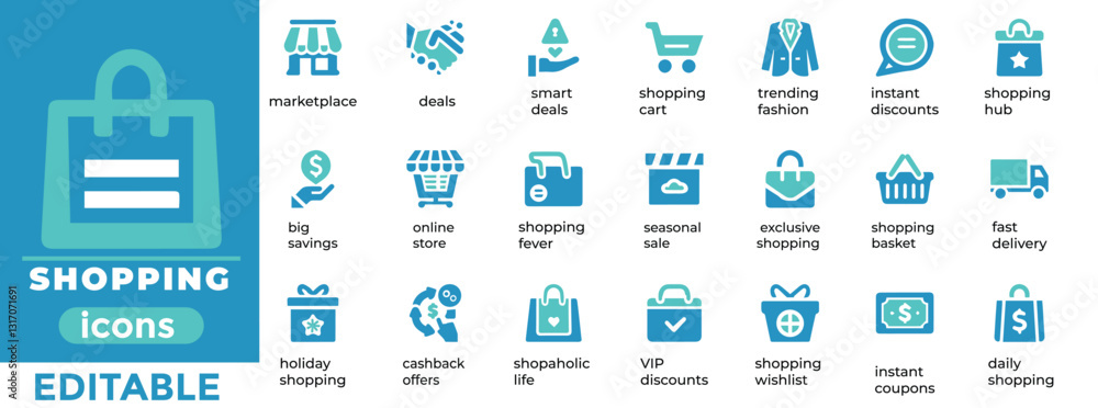 Editable shopping vector set with carts, bags, sales and e-commerce icons perfect for digital, print, marketing and branding Editable shopping vector set with carts, bags, sales and e-commerce icons perfect for digital, print, marketing and branding