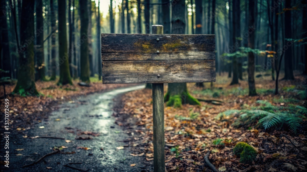 A weathered wooden signpost stands beside a forest path, blank and ready for your message A weathered wooden signpost stands beside a forest path, blank and ready for your message