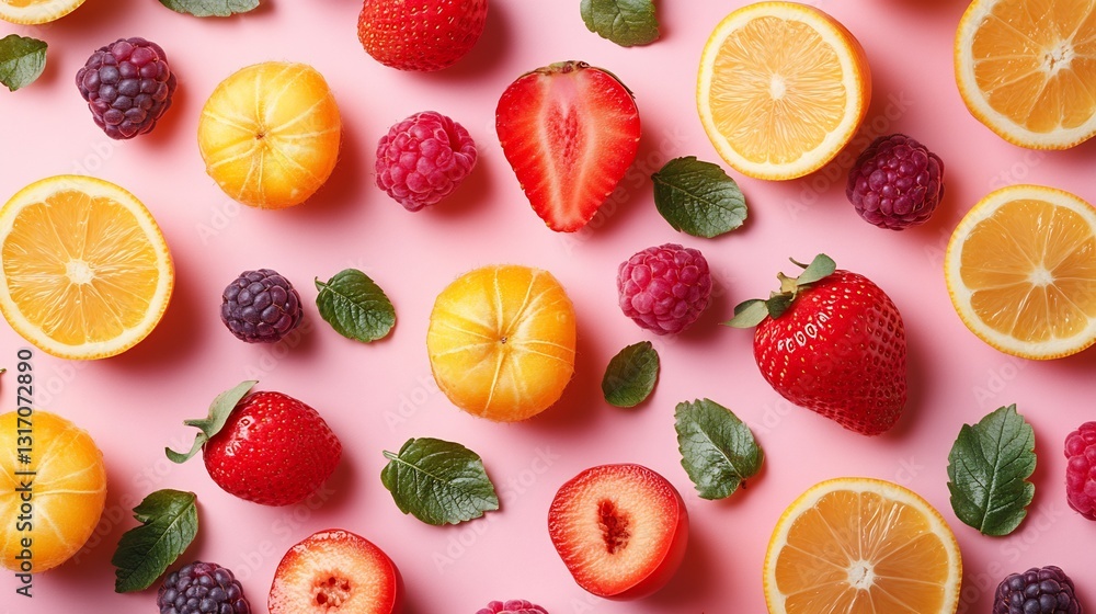 Vibrant pink background showcases juicy strawberries raspberries oranges and mint leaves arranged playfully. AI Generated Vibrant pink background showcases juicy strawberries raspberries oranges and mint leaves arranged playfully. AI Generated