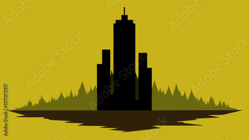 Skyscraper Shadows A silhouette of a giant skyscraper casting a shadow over a small patch of wilted grass showing how urban development overshadows nature.