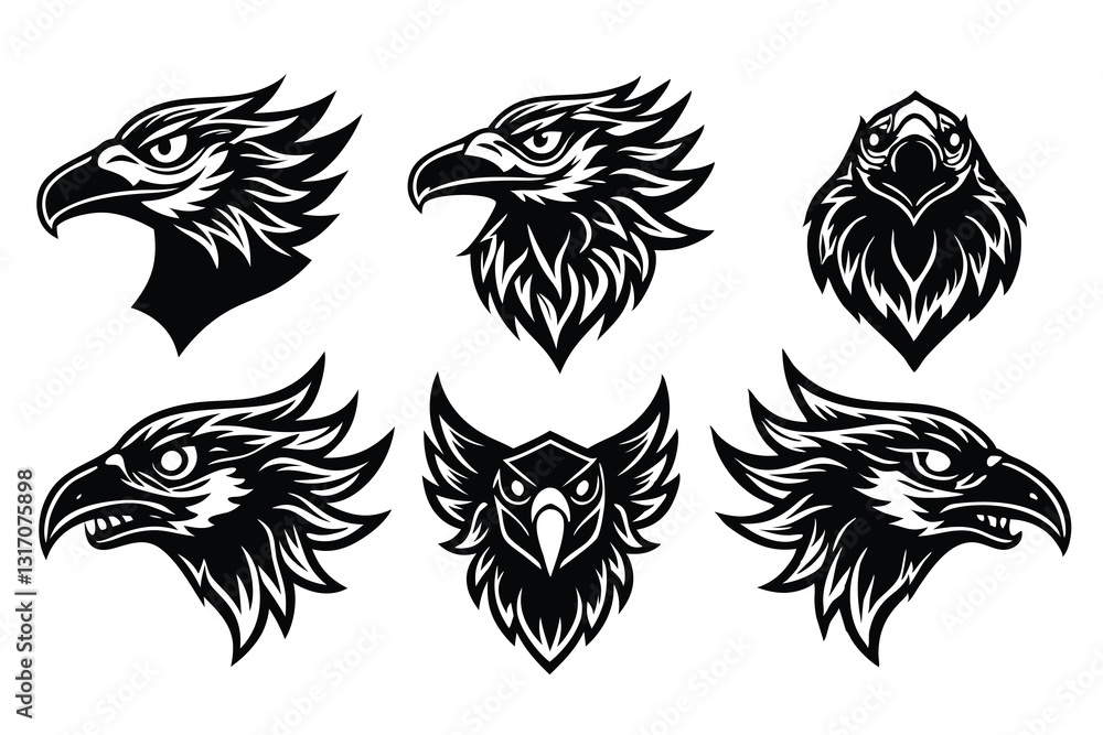 Obraz premium Eagle heads heads black vector, eagle in flight silhouette vector, Black eagle head vector illustration set, black and white bird head