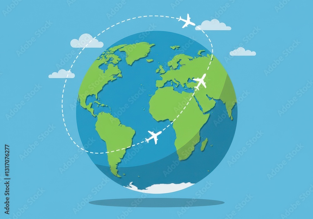 Naklejka premium Globe, Earth, airplane, travel, world map, continents, clouds, flight path, blue background, green landmasses, white silhouettes, flat design, simplified