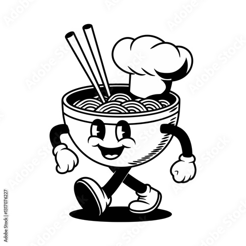 Happy noodle bowl cartoon character walks with chopsticks and a chef hat, retro vector style