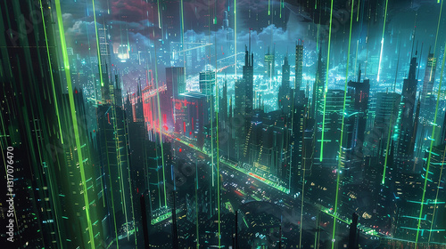 A colorful sky with a city below and a few spaceships flying in the sky. Scene is bright and futuristic