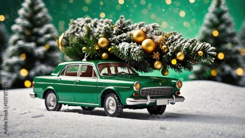 A small, green 3D toy car carrying a Christmas tree on its roof. A festive and cheerful holiday scene with a cute and playful touch