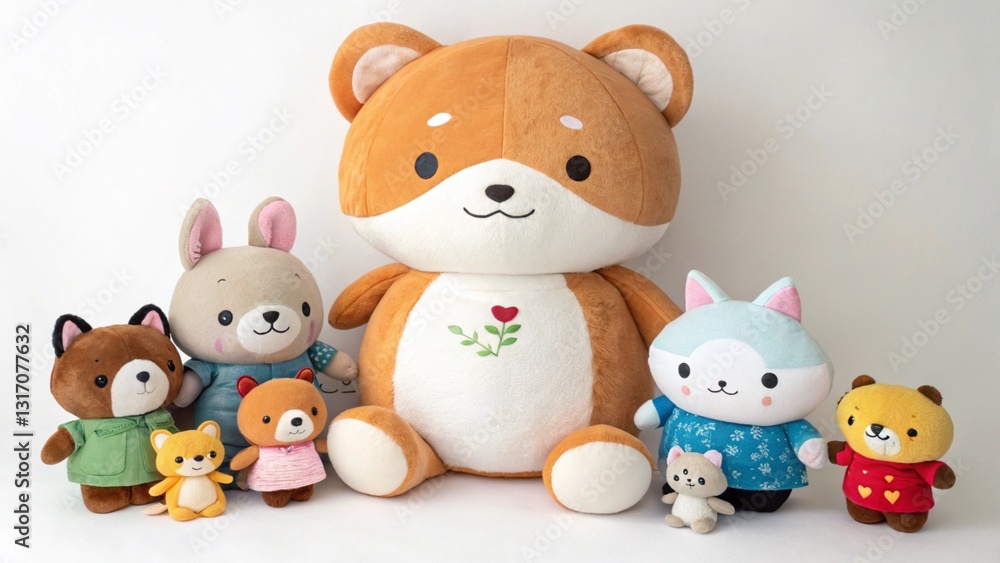 Naklejka premium Collection of kawaii plush animal toys: bear, rabbit, fox, and cat. Cute and soft stuffed animals in pastel colors for kids
