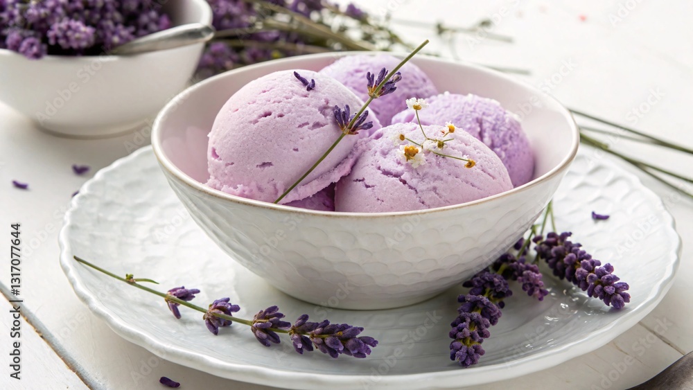 Delightful lavender ice cream scoops, delicately adorned with fresh lavender sprigs and tiny wildflowers, rest in a charming white bowl. A serene summer treat.