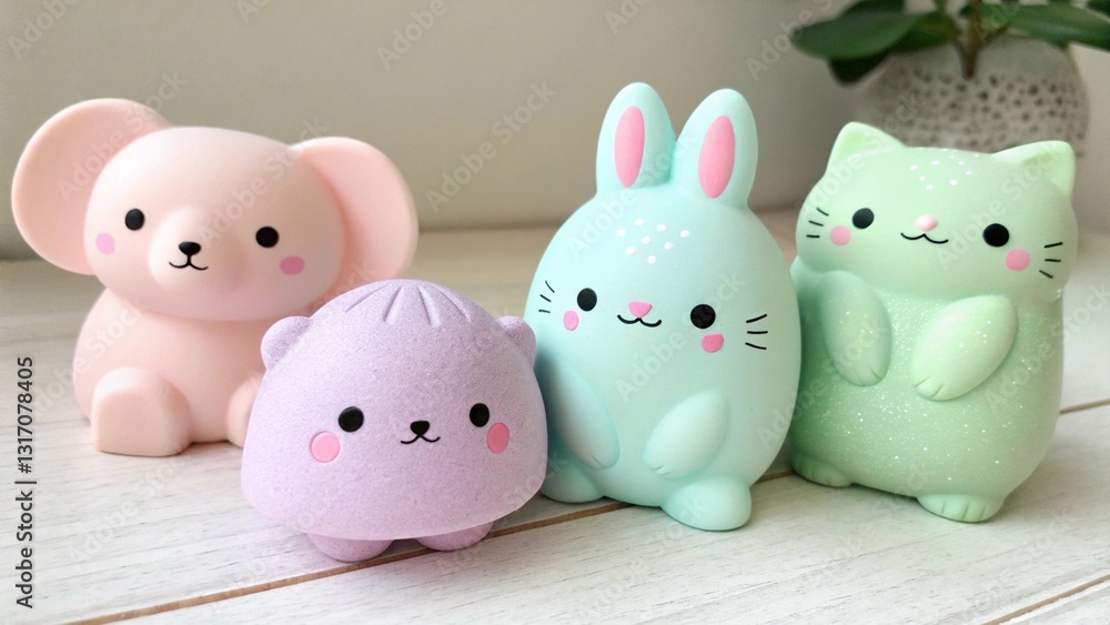 Collection of adorable pastel animal toys on a wooden surface. Sweet and charming figurines for kids in soft colors Collection of adorable pastel animal toys on a wooden surface. Sweet and charming figurines for kids in soft colors
