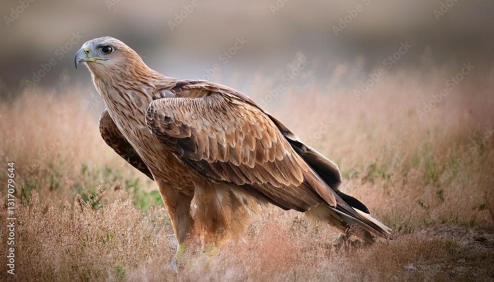 Majestic Bird of Prey Standing Gracefully Amidst Golden Grasses at Sunset Majestic Bird of Prey Standing Gracefully Amidst Golden Grasses at Sunset