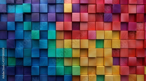 Detailed Abstract Geometric Rainbow Colors Colored Three Dimensional Wooden Square Cubes Texture For Wall Background Banner Illustration Panorama