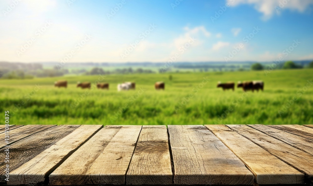 Wooden Tabletop with Green Pasture and Cows Background on a Sunny Day Wooden Tabletop with Green Pasture and Cows Background on a Sunny Day
