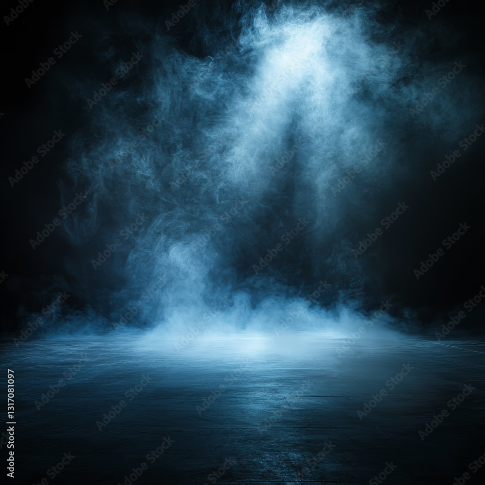 Fototapeta premium Moody blue smoke fills dark space, spotlight illuminating ground