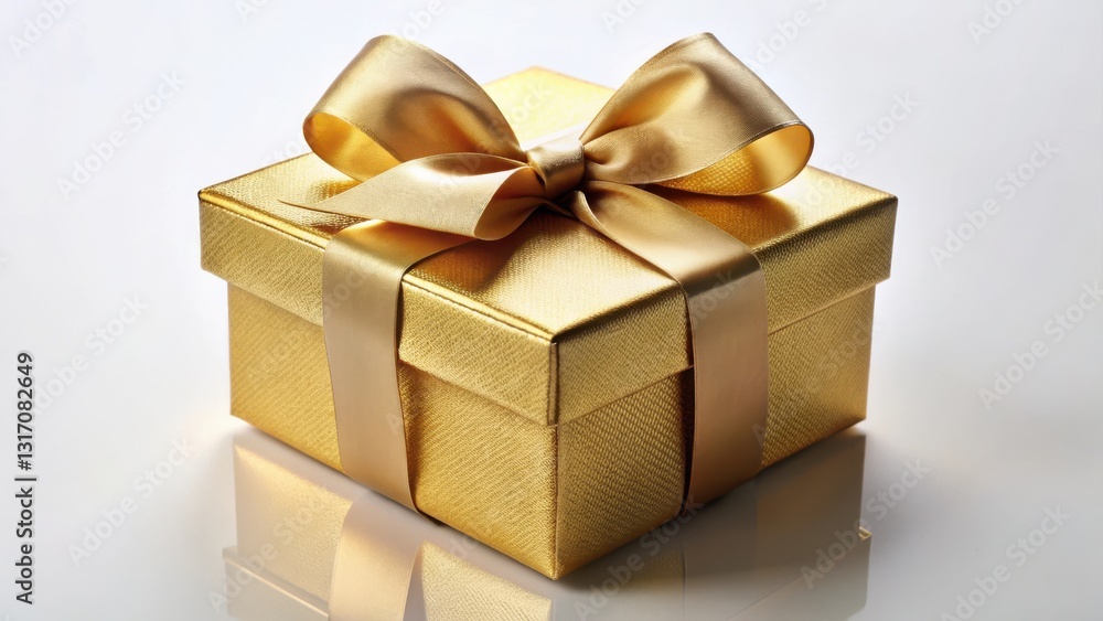 A Luxurious Gold Gift Box with a Satin Ribbon Bow, Ready for a Special Occasion A Luxurious Gold Gift Box with a Satin Ribbon Bow, Ready for a Special Occasion