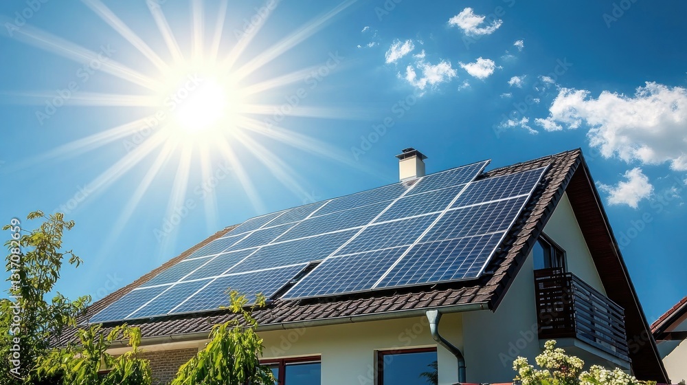Fototapeta premium Sunlight Powering Sustainable Living, Solar Panels on a House Roof