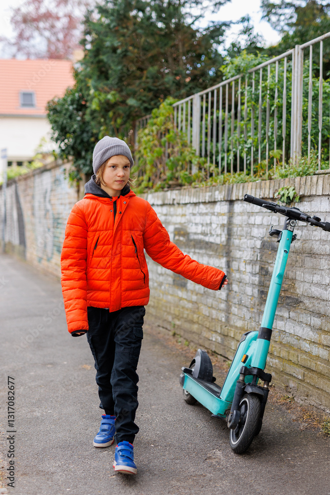 One young boy happily travel on rental electric scooter careless without helmets , wearing bright jackets, beanies, and big smiles. Carefree moment modern urban mobility casual youth adventure One young boy happily travel on rental electric scooter careless without helmets , wearing bright jackets, beanies, and big smiles. Carefree moment modern urban mobility casual youth adventure