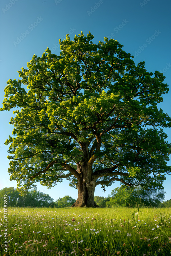 Majestic Oak Tree Standing Tall in a Sunlit Meadow Surrounded by Vibrant Greenery and Wildflowers Under a Clear Blue Sky Majestic Oak Tree Standing Tall in a Sunlit Meadow Surrounded by Vibrant Greenery and Wildflowers Under a Clear Blue Sky