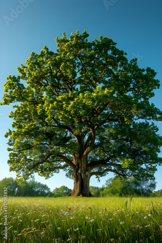 Wallpaper Mural Majestic Oak Tree Standing Tall in a Sunlit Meadow Surrounded by Vibrant Greenery and Wildflowers Under a Clear Blue Sky Torontodigital.ca