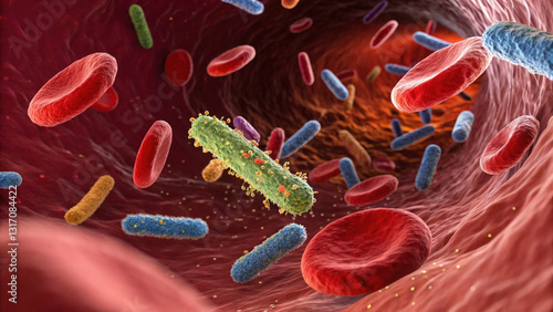 highly detailed 3D render of bacteria and red blood cells inside blood vessel