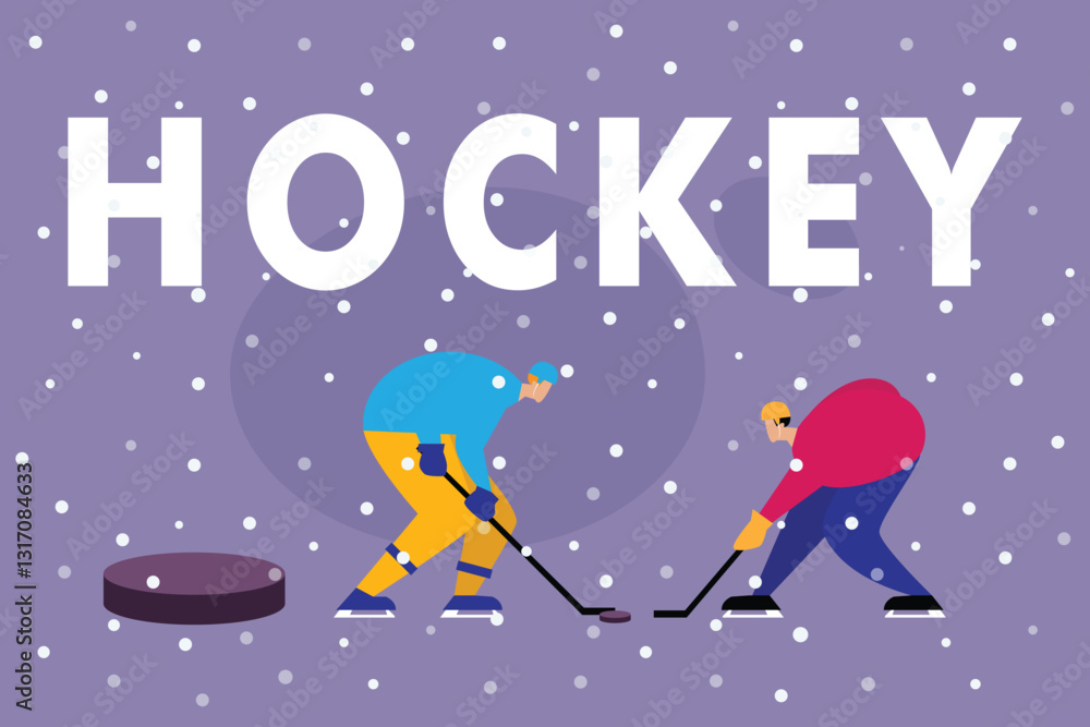 Fototapeta premium Ice Hockey Players Competing in Winter Snowy Outdoor Match 2d flat vector illustrations