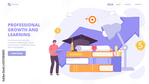 Professional growth, skill development, career advancement, retraining for success. Flat design concept with tiny characters for landing page. Vector illustration for website, banner, print.