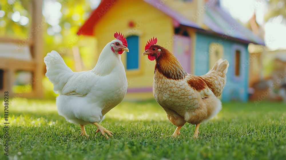 Fototapeta premium White hen brown chicken enjoying sunshine images