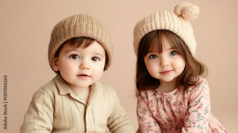 Adorable children wearing matching knit caps and outfits smiling against a soft beige background Studio lighting captures their sweet expressions