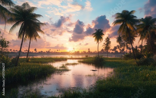 Serene Kerala Backwaters at sunset – lush palms, emerald grass, and mirrored lake under golden skies