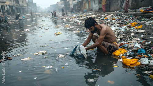 Man Washing Clothes in Polluted River Reflecting Poverty and Environmental Concerns
