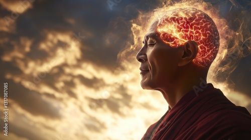 Neuroscientist analyzing brain activity of a monk laboratory research study controlled environment side view cognitive exploration
