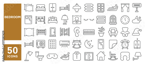 Set of 50 line icons related to bedroom, sleep, bedding, furniture, mattress, rest, pillow, nap, room, double bed, slumber, Editable stroke. Vector illustration