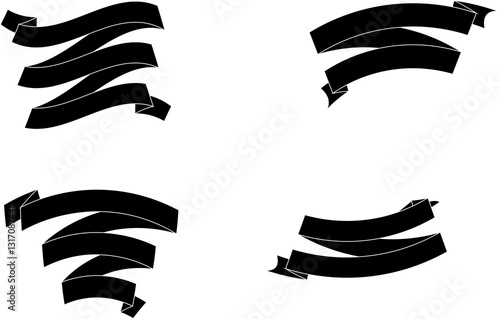 A set of flat black isolated silhouettes of ribbons banners on white background